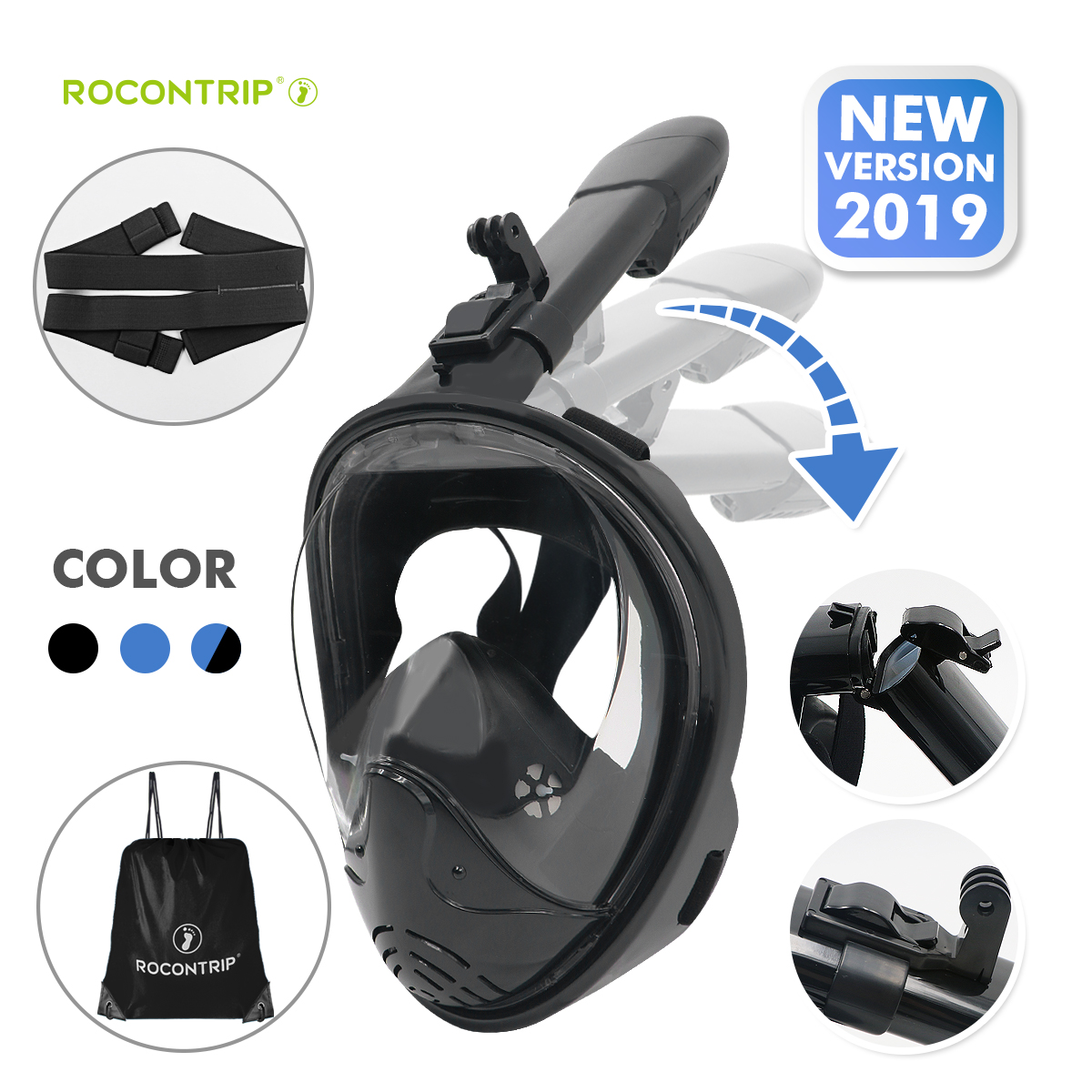 ROCONTRIP New foldable Snorkel Mask Full Face, Panoramic 180°View