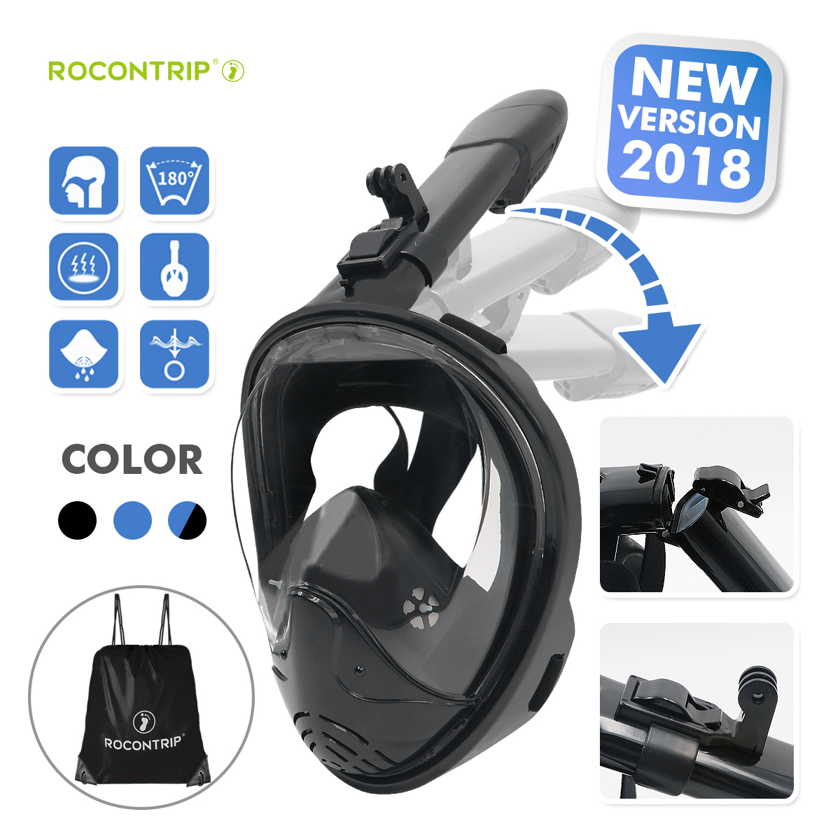 ROCONTRIP New foldable Snorkel Mask Full Face, Panoramic 180°View