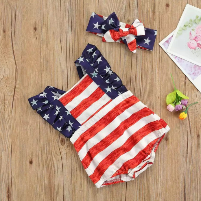 July 4th Baby Girl Ruffled Single Piece American Flag Printed Bow Beach ...